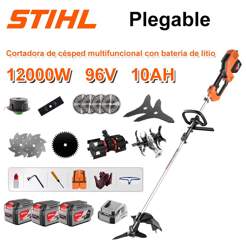 Cortacésped sin escobillas de 12000 W + batería de litio de 96 V/10 AH * 3 + hoja de sierra circular * 4 + hoja de sierra recta + disco de deshierbe + cuerda de deshierbe * 20 + hoja de tres hojas * 2 + hoja de sierra de acero + hoja de sierra de aleación * 2 + cabezal de deshierbe + Cabezal de arado + Cargador rápido doble original + otros accesorios + Garantía de diez años