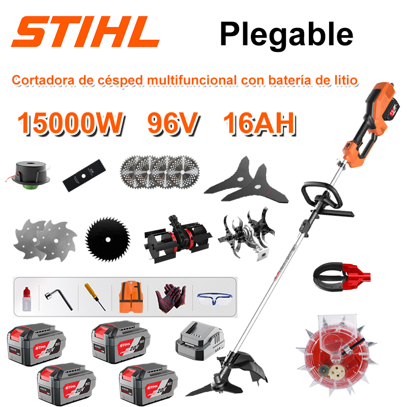Cortacésped sin escobillas de 15000 W + Batería de litio de 96 V/16 AH * 4 + Hoja de sierra circular * 4 + Hoja de sierra recta + Disco de desmalezado + Cuerda de desmalezado * 20 + Hoja de tres hojas * 2 + Hoja de sierra de acero + Hoja de aleación * 2 + Cabezal de desmalezado + Cabezal de arado + Cargador rápido doble original + cabezal recolector de frutas + cabezal de siembra + otros accesorios + garantía de diez años